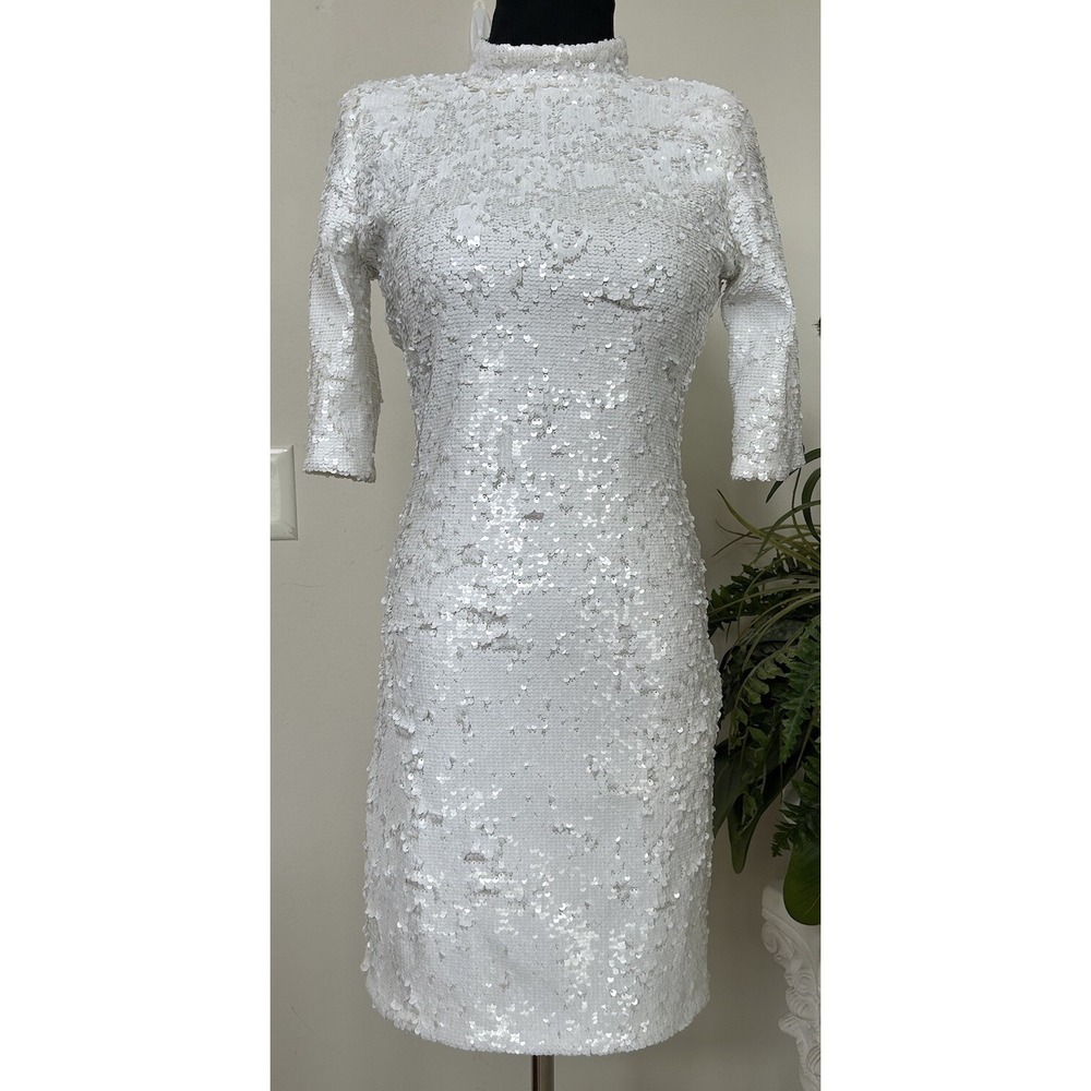 Alice + Olivia Inka White Sequin‎ Stretch Mock Neck Dress Sz 6